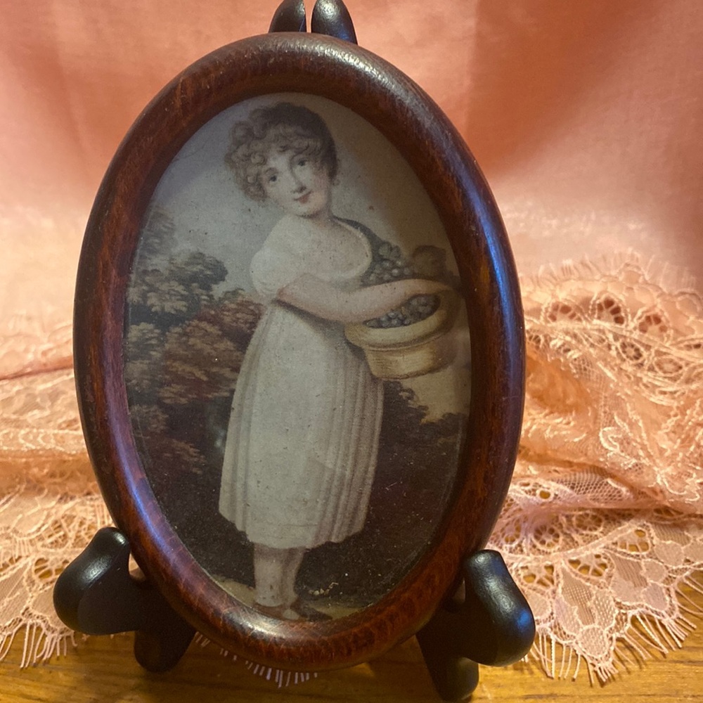 Vintage oval child early 1800’s look print picture in oak frame & paper backing
